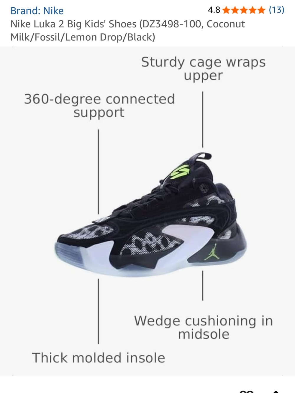 Nike Kids Black White and Neon Green Basketball Sneakers